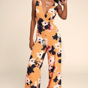 Lulus - Heart Abloom Orange Floral Print Tie-Back Wide-Leg Jumpsuit - Size: S